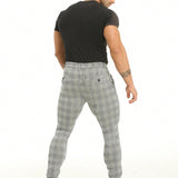 Pantalones ajustados para hombres con estampado a cuadros y bolsillos en diagonal