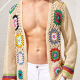 Manfinity VCAY Cardigan hawaiano abierto de manga larga tejido hueco con patron de gran tamano, transpirable y ligero para hombres, ideal para vacaciones, ropa de playa y surf