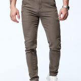 NEW Pantalones casuales de negocios de ajuste estrecho para hombre, color cafe marron con estiramiento