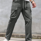 NEW Manfinity Hypemode Pantalones largos de trabajo casuales para hombres de unicolor con cintura ajustable de cordon