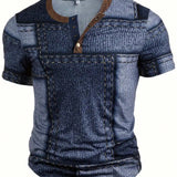 CamiConjuntoa Henley informal con estampado 3D digital para hombre con patron de jeans para exteriores