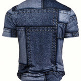 CamiConjuntoa Henley informal con estampado 3D digital para hombre con patron de jeans para exteriores