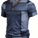 CamiConjuntoa Henley informal con estampado 3D digital para hombre con patron de jeans para exteriores