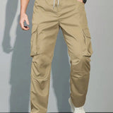 Homme Pantalones casuales rectos para hombre con cintura ajustable con cordon, bolsillo util y unicolor