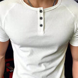 CamiConjuntoa casual de verano para hombre de manga corta con cuello redondo estilo Henley con botones y unicolor (con hombros caidos)