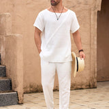 Vacaylife 1 pieza Ropa de playa para hombre para vacaciones de verano, camiConjuntoas de lino de talla grande para la playa y el surf con diseno casual tejido basico y estilo bohemio de algodon