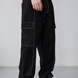 EZcore Pantalones de cintura con cordon lateral con bolsillo con solapa y costura decorativa para hombres