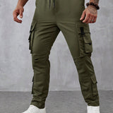 Roghcode Pantalones de trabajo para hombre con cintura ajustable con cordon y multiples bolsillos