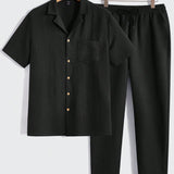 Conjunto de dos piezas para hombre de camisa de manga corta de unicolor casual para primavera/verano y pantalones largos