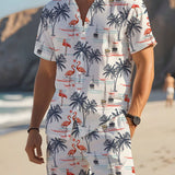 Conjunto de camisa y pantalones cortos casuales de vacaciones con estampado de flamencos para hombres