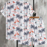 Conjunto de camisa y pantalones cortos casuales de vacaciones con estampado de flamencos para hombres