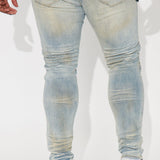Acerca de mis jeans ajustados apilados con cadena - Lavado azul vintage.
