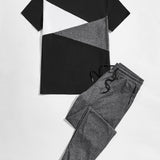 Manfinity Homme Hombres Set Camiseta algodon de color combinado & Pantalones deportivos de cintura con cordon